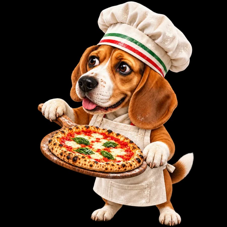 Il beagle di Trend Finders vestito da pizzaiolo, con cappello tricolore e una pizza margherita sulla pala